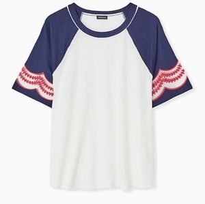 Torrid White/blue ss top with mesh and lace sleeve